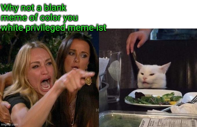 Woman Yelling At Cat Meme | Why not a blank meme of color you white privileged meme-ist | image tagged in memes,woman yelling at cat | made w/ Imgflip meme maker