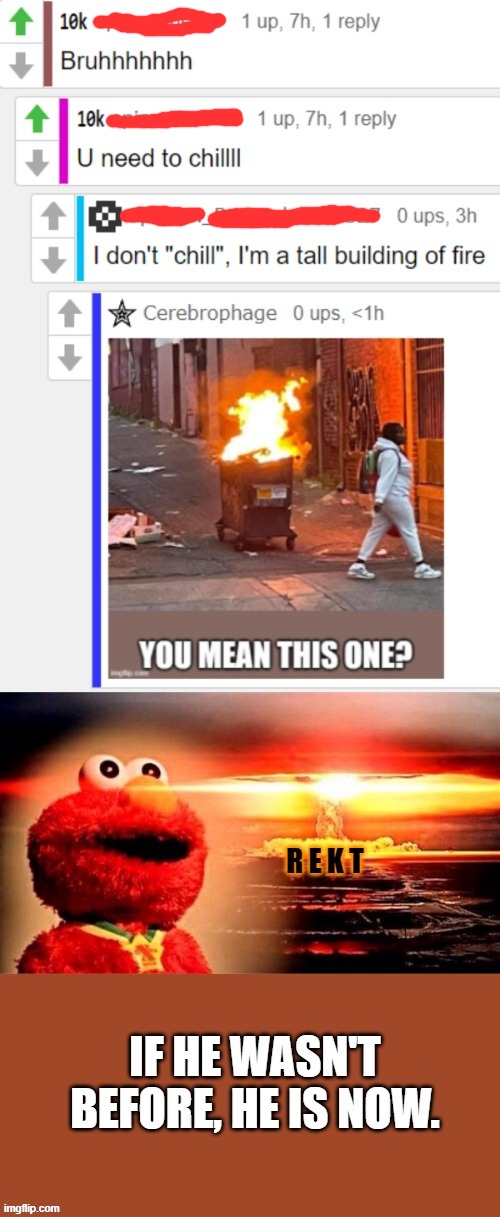 image tagged in rareinsults,rekt,owned,elmo nuclear explosion,dumpster fire,memes | made w/ Imgflip meme maker