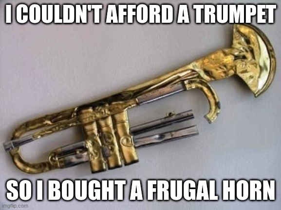 Read More by Reid Moore | I COULDN'T AFFORD A TRUMPET; SO I BOUGHT A FRUGAL HORN | image tagged in funny,reid moore,music,musician jokes,memes | made w/ Imgflip meme maker