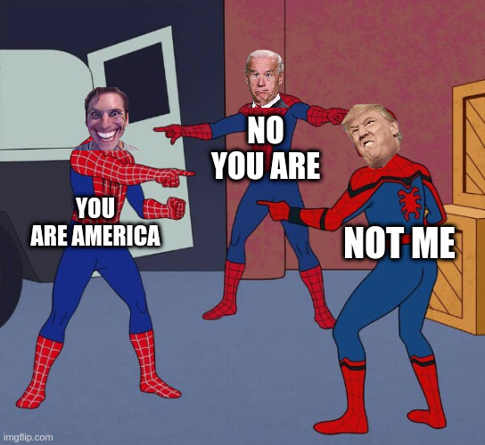 no good options | NO YOU ARE; YOU ARE AMERICA; NOT ME | image tagged in spider man triple | made w/ Imgflip meme maker