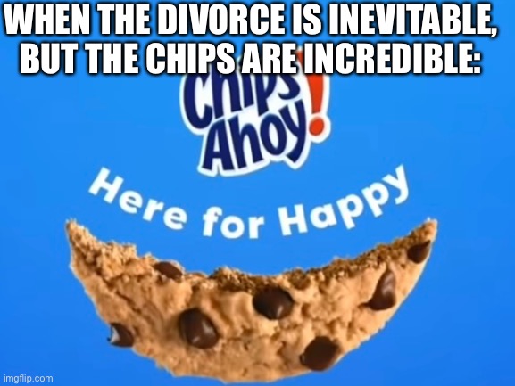 Chips ahoy divorce paper flavour | WHEN THE DIVORCE IS INEVITABLE, BUT THE CHIPS ARE INCREDIBLE: | image tagged in cookies,memes,funny memes,meme,funny meme | made w/ Imgflip meme maker