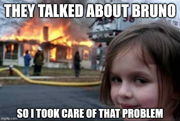 pls dont | THEY TALKED ABOUT BRUNO; SO I TOOK CARE OF THAT PROBLEM | image tagged in burning house girl,bruno,encanto,we don't talk about bruno,burning house,why are you reading the tags | made w/ Imgflip meme maker