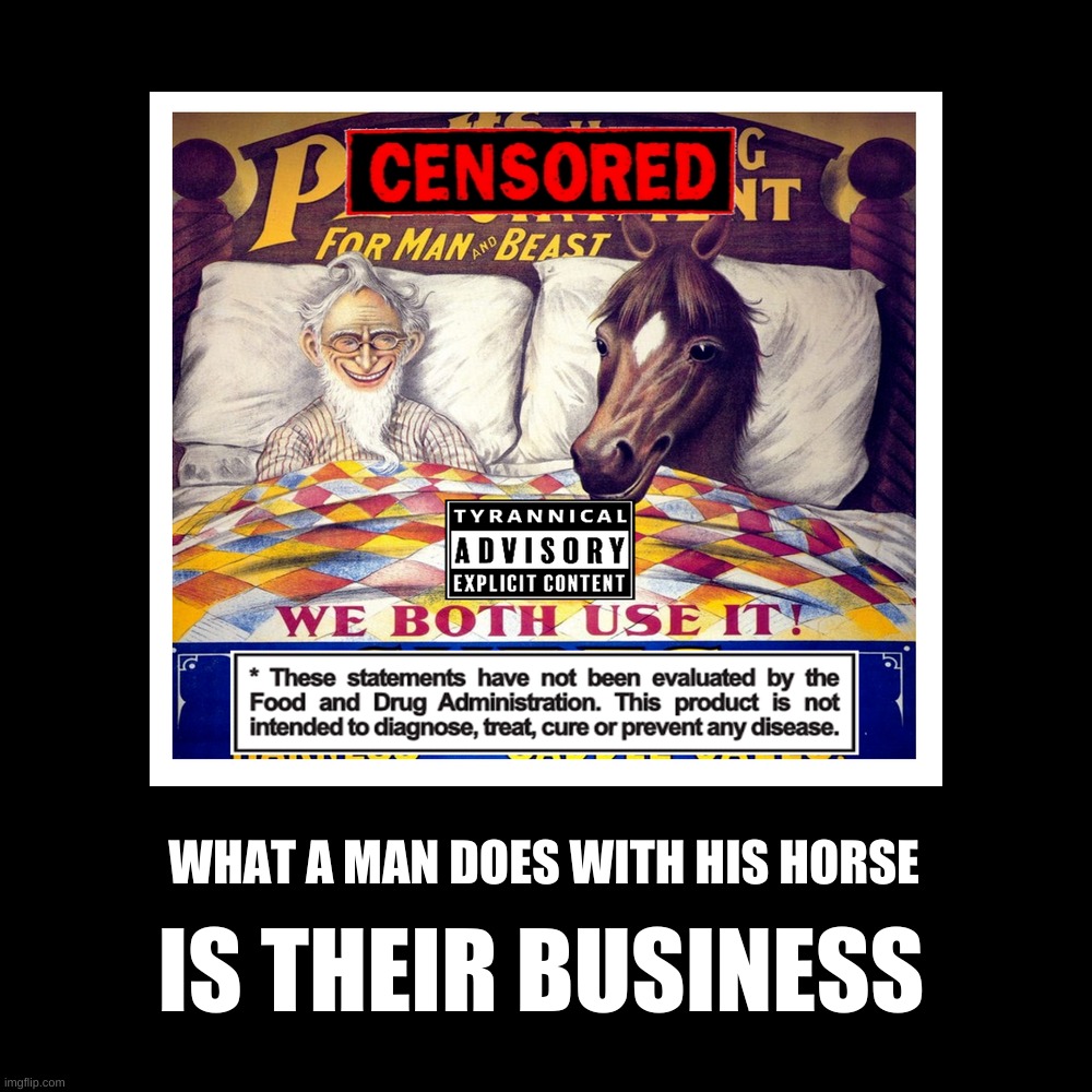 WHAT A MAN DOES WITH HIS HORSE; IS THEIR BUSINESS | image tagged in horse,psy horse dance,censorship,corruption,freedom,fraud | made w/ Imgflip meme maker