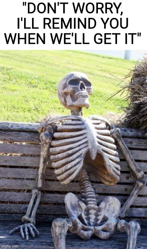Waiting Skeleton Meme | "DON'T WORRY, I'LL REMIND YOU WHEN WE'LL GET IT" | image tagged in memes,waiting skeleton,so true memes,relatable | made w/ Imgflip meme maker