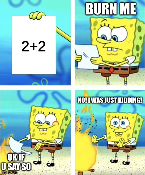 Spongebob Burning Paper | BURN ME; 2+2; NO! I WAS JUST KIDDING! OK IF U SAY SO | image tagged in spongebob burning paper | made w/ Imgflip meme maker