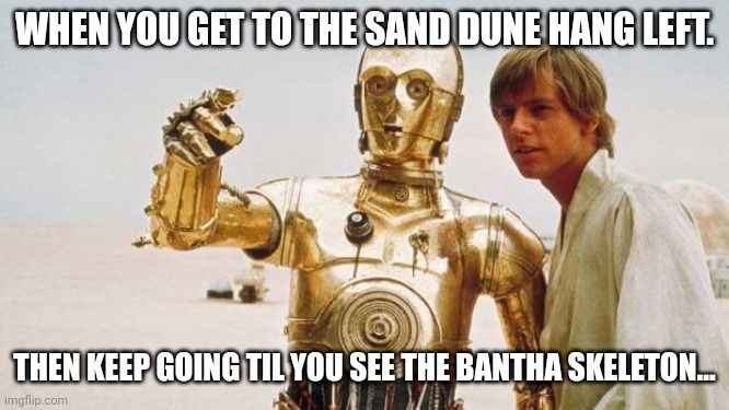 star wars | WHEN YOU GET TO THE SAND DUNE HANG LEFT. THEN KEEP GOING TIL YOU SEE THE BANTHA SKELETON... | image tagged in star wars | made w/ Imgflip meme maker