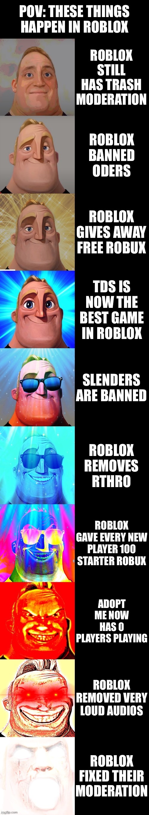 amogus | POV: THESE THINGS HAPPEN IN ROBLOX; ROBLOX STILL HAS TRASH MODERATION; ROBLOX BANNED ODERS; ROBLOX GIVES AWAY FREE ROBUX; TDS IS NOW THE BEST GAME IN ROBLOX; SLENDERS ARE BANNED; ROBLOX REMOVES RTHRO; ROBLOX GAVE EVERY NEW PLAYER 100 STARTER ROBUX; ADOPT ME NOW HAS 0 PLAYERS PLAYING; ROBLOX REMOVED VERY LOUD AUDIOS; ROBLOX FIXED THEIR MODERATION | image tagged in mr incredible becoming canny,roblox,funny,gaming | made w/ Imgflip meme maker