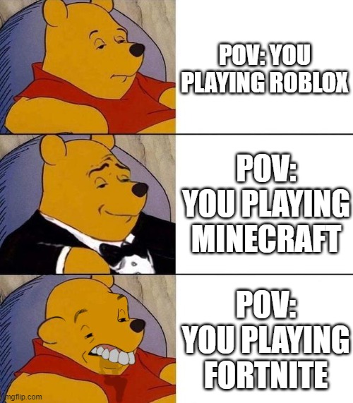 POV: you playing | POV: YOU PLAYING ROBLOX; POV: YOU PLAYING MINECRAFT; POV: YOU PLAYING FORTNITE | image tagged in best better blurst | made w/ Imgflip meme maker