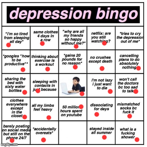 oh wow all but 2 | image tagged in depression bingo | made w/ Imgflip meme maker