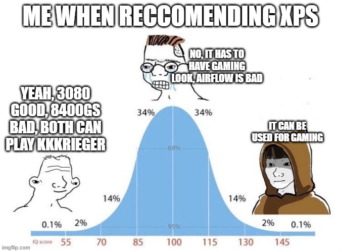 Me when i don't reccomend a "gaming" PC. | ME WHEN RECCOMENDING XPS; NO, IT HAS TO HAVE GAMING LOOK, AIRFLOW IS BAD; YEAH, 3080 GOOD, 8400GS BAD, BOTH CAN PLAY KKKRIEGER; IT CAN BE USED FOR GAMING | image tagged in bell curve | made w/ Imgflip meme maker
