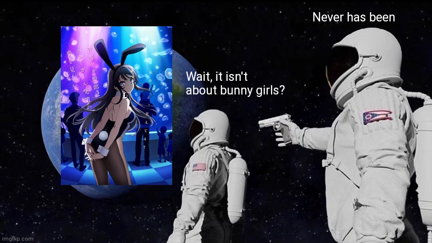 It was never about bunny girls ? | Never has been; Wait, it isn't about bunny girls? | image tagged in memes,always has been | made w/ Imgflip meme maker