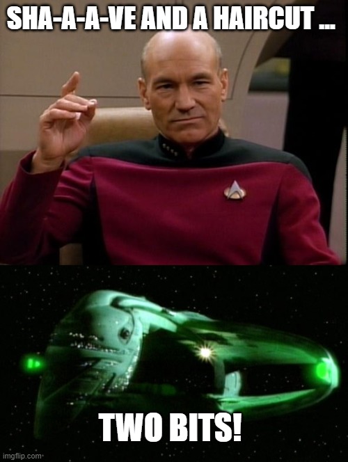 SHA-A-A-VE AND A HAIRCUT … TWO BITS! | image tagged in picard make it so | made w/ Imgflip meme maker