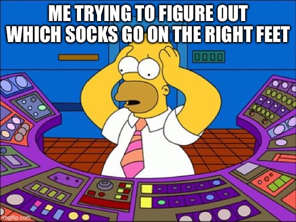 Confused Homer | ME TRYING TO FIGURE OUT WHICH SOCKS GO ON THE RIGHT FEET | image tagged in confused homer | made w/ Imgflip meme maker