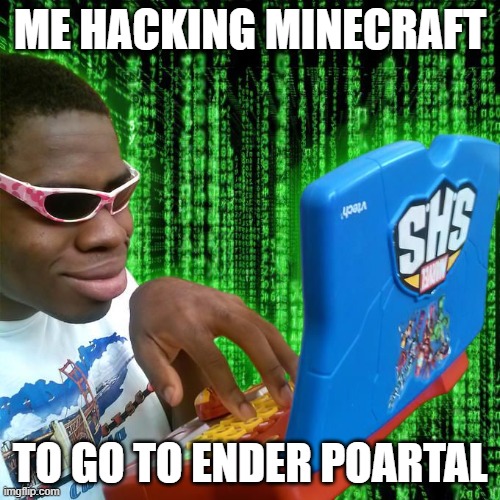 hacking minecraft | ME HACKING MINECRAFT; TO GO TO ENDER POARTAL | image tagged in minecraft memes | made w/ Imgflip meme maker