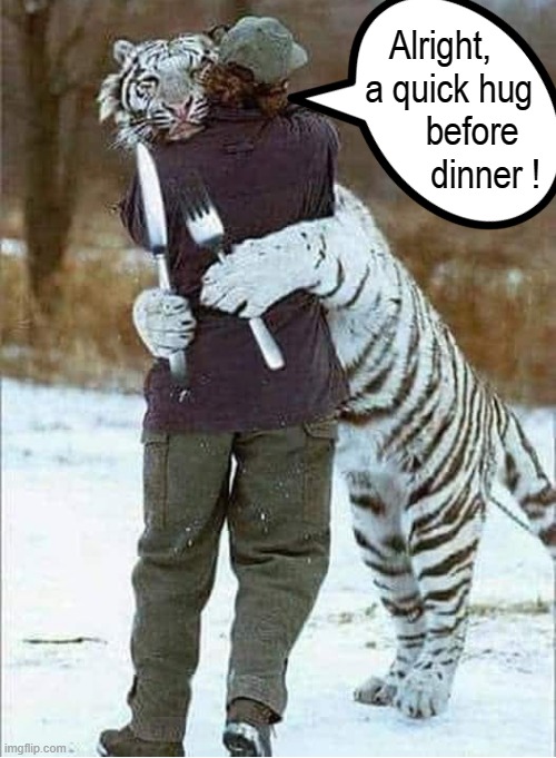Quick hug ! | Alright,  
a quick hug
     before
         dinner ! | image tagged in eye of the tiger | made w/ Imgflip meme maker