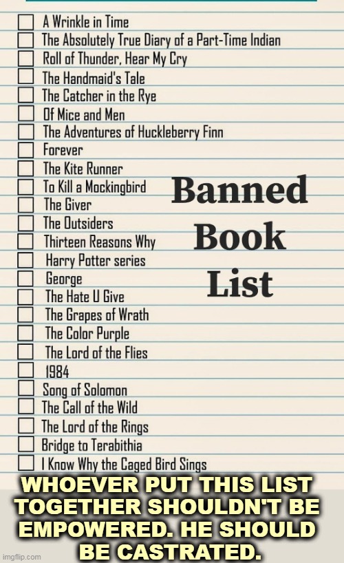 Some sleazebag is getting rich scaring illiterates,. but he left out Fahrenheit 451. | WHOEVER PUT THIS LIST 
TOGETHER SHOULDN'T BE 
EMPOWERED. HE SHOULD 
BE CASTRATED. | image tagged in banned book list greedy grifters idiot parents,great,books,frightened,stupid,parents | made w/ Imgflip meme maker