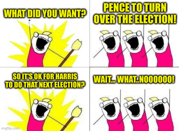 Funny how the rules change if you are a republican huh? | WHAT DID YOU WANT? PENCE TO TURN OVER THE ELECTION! WAIT... WHAT..NOOOOOO! SO IT'S OK FOR HARRIS TO DO THAT NEXT ELECTION? | image tagged in memes,what do we want | made w/ Imgflip meme maker