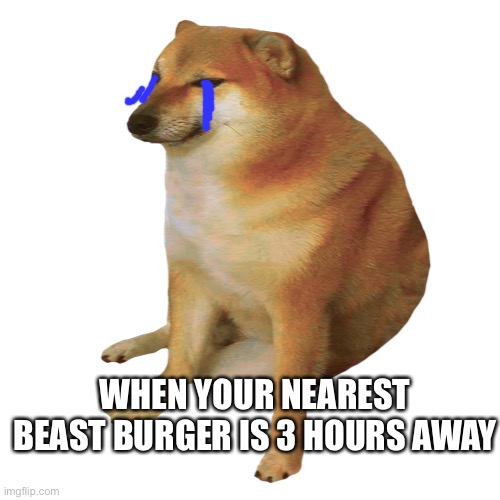 I want a Chris burger | WHEN YOUR NEAREST BEAST BURGER IS 3 HOURS AWAY | image tagged in cheems | made w/ Imgflip meme maker