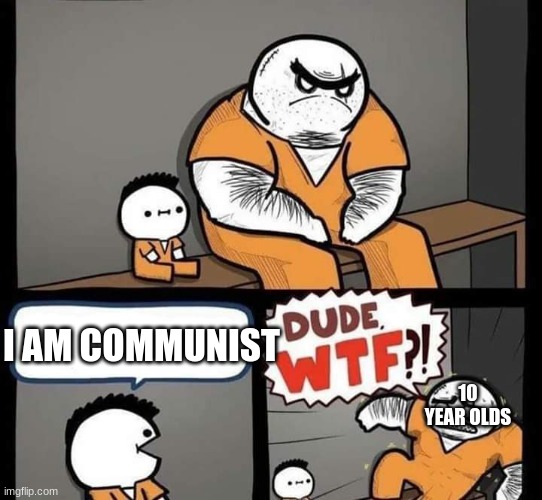 im not communist,i assure you | 10 YEAR OLDS; I AM COMMUNIST | image tagged in dude wtf | made w/ Imgflip meme maker