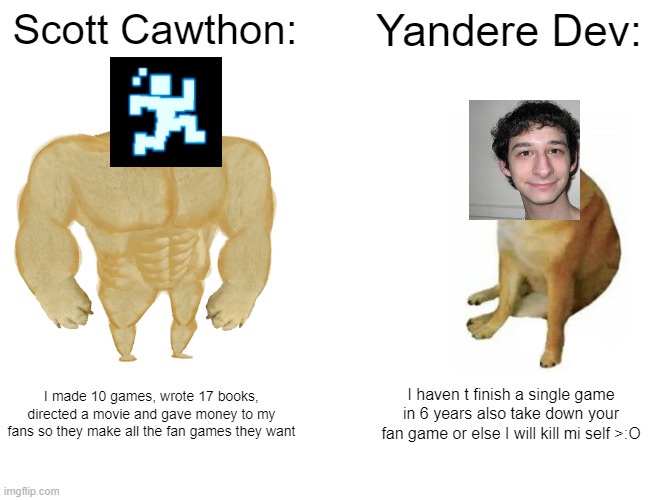 Scott Cawthon Vs Yandere Dev | Scott Cawthon:; Yandere Dev:; I made 10 games, wrote 17 books, directed a movie and gave money to my fans so they make all the fan games they want; I haven t finish a single game in 6 years also take down your fan game or else I will kill mi self >:O | image tagged in memes,buff doge vs cheems | made w/ Imgflip meme maker