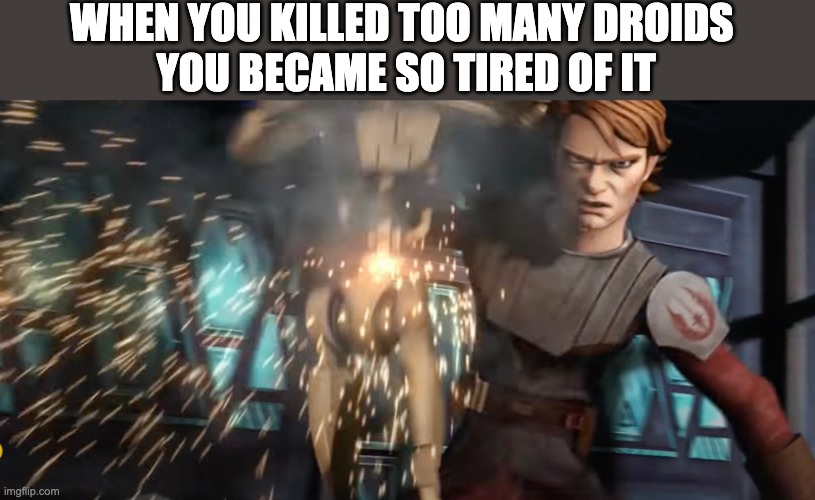 Ah yes the look of repetitive work | WHEN YOU KILLED TOO MANY DROIDS 
YOU BECAME SO TIRED OF IT | image tagged in star wars,droids,anakin,memes | made w/ Imgflip meme maker