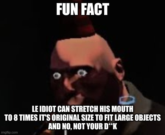 Tf2 heavy stare | FUN FACT; LE IDIOT CAN STRETCH HIS MOUTH TO 8 TIMES IT'S ORIGINAL SIZE TO FIT LARGE OBJECTS
AND NO, NOT YOUR D**K | image tagged in tf2 heavy stare | made w/ Imgflip meme maker