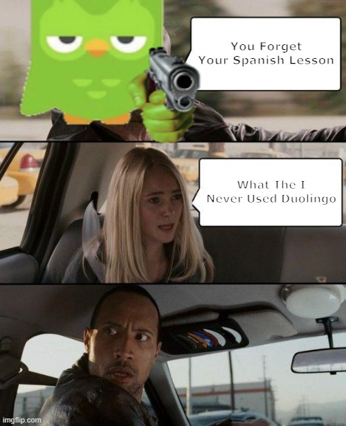 POV:You Never Installed Duolingo | You Forget Your Spanish Lesson; What The I Never Used Duolingo | image tagged in duolingo,duolingo bird | made w/ Imgflip meme maker