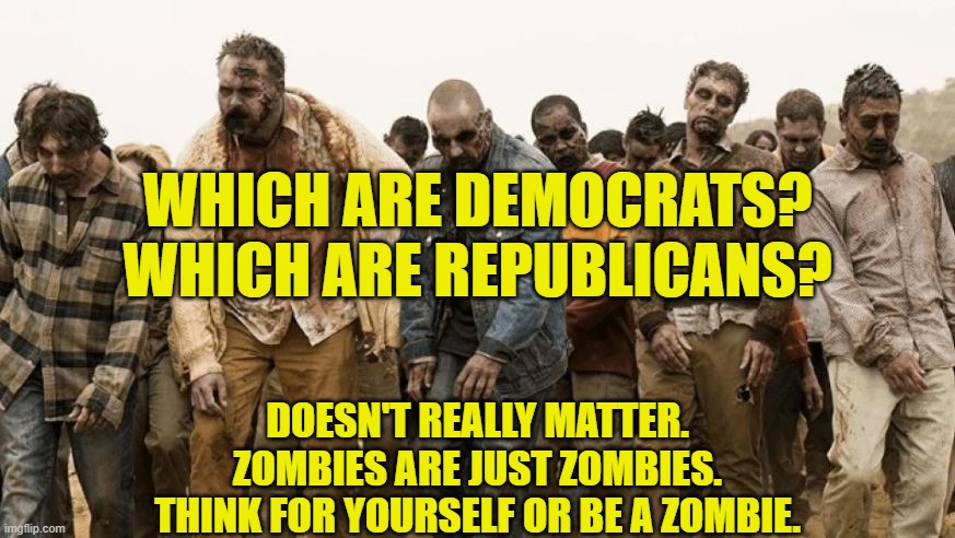 Zombies | WHICH ARE DEMOCRATS?
WHICH ARE REPUBLICANS? DOESN'T REALLY MATTER.
ZOMBIES ARE JUST ZOMBIES.
THINK FOR YOURSELF OR BE A ZOMBIE. | image tagged in zombie apocalypse | made w/ Imgflip meme maker