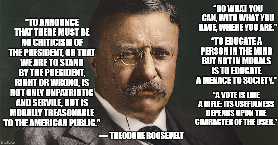 Theodore Roosevelt Quotes | “TO ANNOUNCE THAT THERE MUST BE NO CRITICISM OF THE PRESIDENT, OR THAT WE ARE TO STAND BY THE PRESIDENT, RIGHT OR WRONG, IS NOT ONLY UNPATRIOTIC AND SERVILE, BUT IS MORALLY TREASONABLE TO THE AMERICAN PUBLIC.”; “DO WHAT YOU CAN, WITH WHAT YOU HAVE, WHERE YOU ARE.”; “TO EDUCATE A PERSON IN THE MIND BUT NOT IN MORALS IS TO EDUCATE A MENACE TO SOCIETY.”; “A VOTE IS LIKE A RIFLE: ITS USEFULNESS DEPENDS UPON THE CHARACTER OF THE USER.”; ― THEODORE ROOSEVELT | image tagged in freedom of speech,freedom,liberty,freedom of choice | made w/ Imgflip meme maker