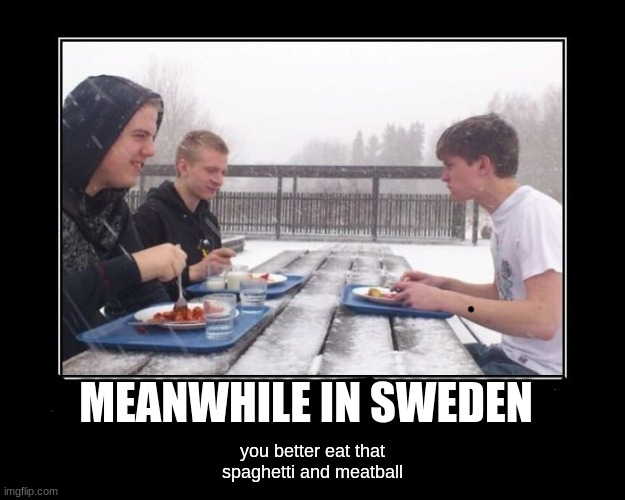 sweden irl |  you better eat that spaghetti and meatball; MEANWHILE IN SWEDEN | image tagged in sweden,funny,snow,meme,homies,stay cool | made w/ Imgflip meme maker