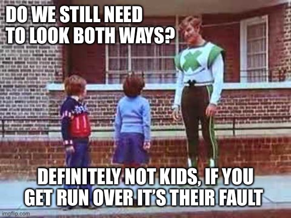 Green cross code | DO WE STILL NEED TO LOOK BOTH WAYS? DEFINITELY NOT KIDS, IF YOU GET RUN OVER IT’S THEIR FAULT | image tagged in memes | made w/ Imgflip meme maker