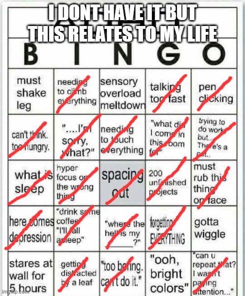 e | I DONT HAVE IT BUT THIS RELATES TO MY LIFE | image tagged in adhd bingo | made w/ Imgflip meme maker