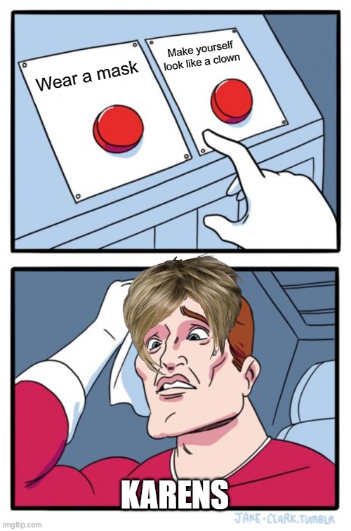 Two Buttons | Make yourself look like a clown; Wear a mask; KARENS | image tagged in memes,two buttons | made w/ Imgflip meme maker