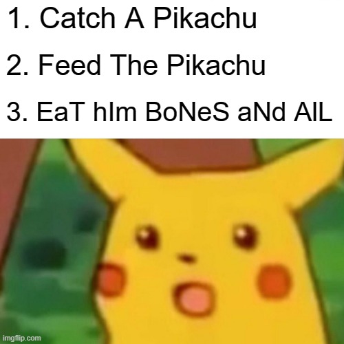 How To Raise A Pikachu | 1. Catch A Pikachu; 2. Feed The Pikachu; 3. EaT hIm BoNeS aNd AlL | image tagged in memes,surprised pikachu | made w/ Imgflip meme maker