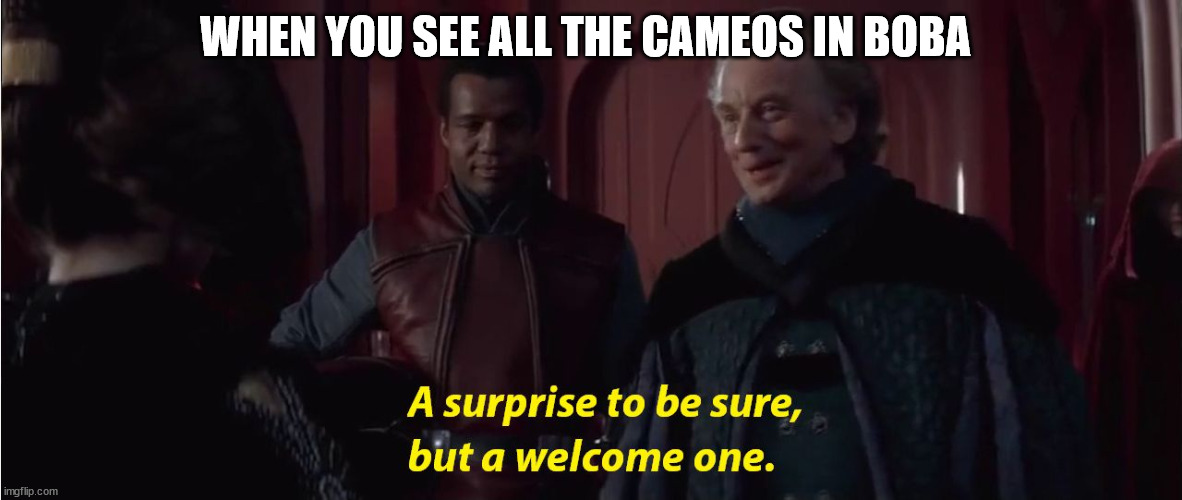 A suprise to be sure, but a welcome one | WHEN YOU SEE ALL THE CAMEOS IN BOBA | image tagged in a suprise to be sure but a welcome one | made w/ Imgflip meme maker