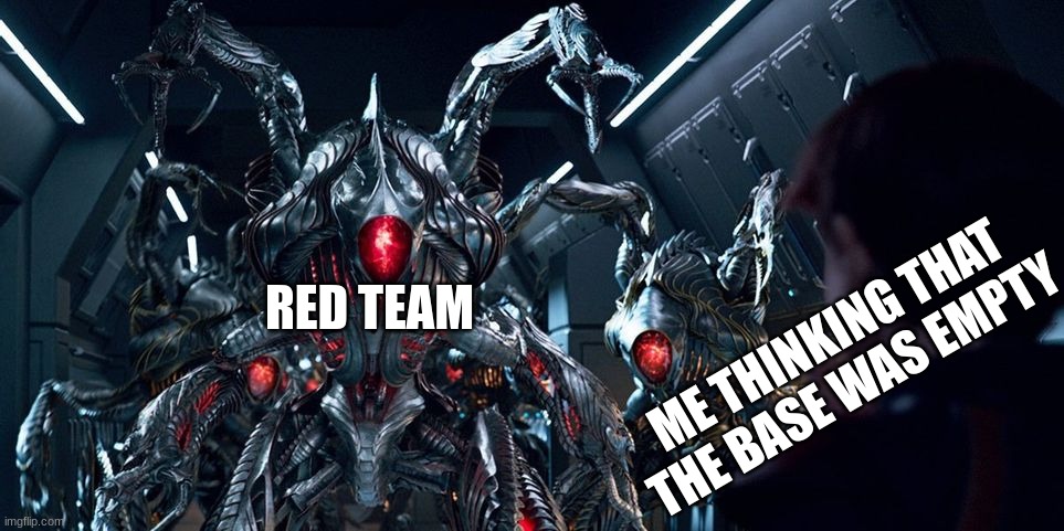 RIP Me, trying to raid Red base on Bed-Wras | ME THINKING THAT THE BASE WAS EMPTY; RED TEAM | image tagged in angry robots,bed,minecraft | made w/ Imgflip meme maker