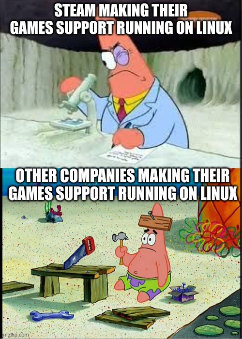Valve is a gigachad | STEAM MAKING THEIR GAMES SUPPORT RUNNING ON LINUX; OTHER COMPANIES MAKING THEIR GAMES SUPPORT RUNNING ON LINUX | image tagged in patrick smart dumb,linux,steam,video games | made w/ Imgflip meme maker