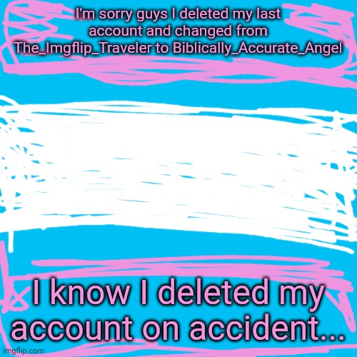 Hi | I'm sorry guys I deleted my last account and changed from The_Imgflip_Traveler to Biblically_Accurate_Angel; I know I deleted my account on accident... | image tagged in memes,blank transparent square | made w/ Imgflip meme maker