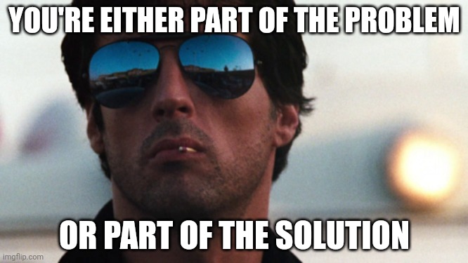 Cobra Stallone | YOU'RE EITHER PART OF THE PROBLEM; OR PART OF THE SOLUTION | image tagged in cobra stallone | made w/ Imgflip meme maker