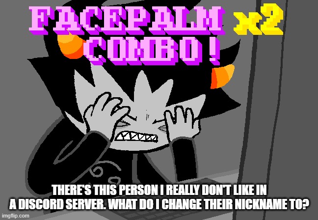 Facepalm x2 combo | THERE'S THIS PERSON I REALLY DON'T LIKE IN A DISCORD SERVER. WHAT DO I CHANGE THEIR NICKNAME TO? | image tagged in facepalm x2 combo | made w/ Imgflip meme maker