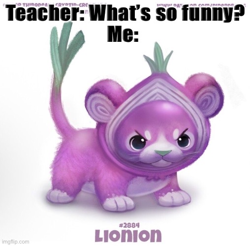 Lionion | Teacher: What’s so funny?
Me: | image tagged in lionion | made w/ Imgflip meme maker
