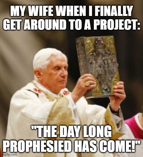 Projects | MY WIFE WHEN I FINALLY GET AROUND TO A PROJECT:; "THE DAY LONG PROPHESIED HAS COME!" | image tagged in diy,procrastination | made w/ Imgflip meme maker