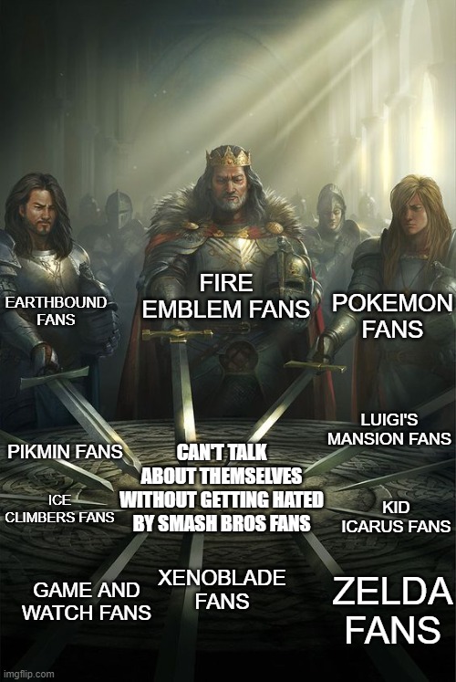 There's more, but you get the point. |  FIRE EMBLEM FANS; EARTHBOUND FANS; POKEMON FANS; LUIGI'S MANSION FANS; PIKMIN FANS; CAN'T TALK ABOUT THEMSELVES WITHOUT GETTING HATED BY SMASH BROS FANS; ICE CLIMBERS FANS; KID ICARUS FANS; XENOBLADE FANS; GAME AND WATCH FANS; ZELDA FANS | image tagged in knights of the round table,super smash bros,smash bros,nintendo | made w/ Imgflip meme maker