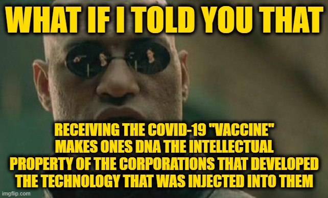 Adding Insult to Injury | WHAT IF I TOLD YOU THAT; RECEIVING THE COVID-19 "VACCINE" MAKES ONES DNA THE INTELLECTUAL PROPERTY OF THE CORPORATIONS THAT DEVELOPED THE TECHNOLOGY THAT WAS INJECTED INTO THEM | image tagged in memes,matrix morpheus | made w/ Imgflip meme maker