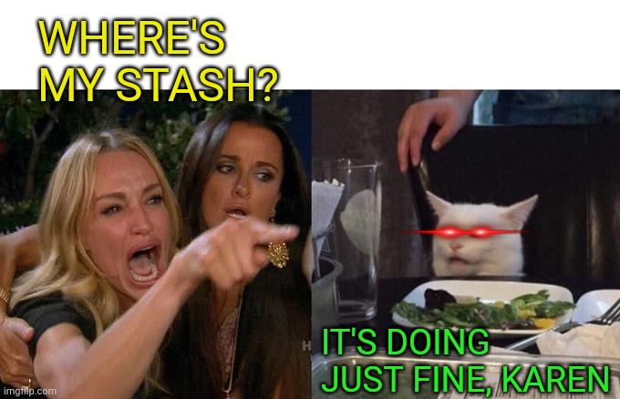 Woman Yelling At Cat Meme | WHERE'S MY STASH? IT'S DOING JUST FINE, KAREN | image tagged in memes,woman yelling at cat | made w/ Imgflip meme maker