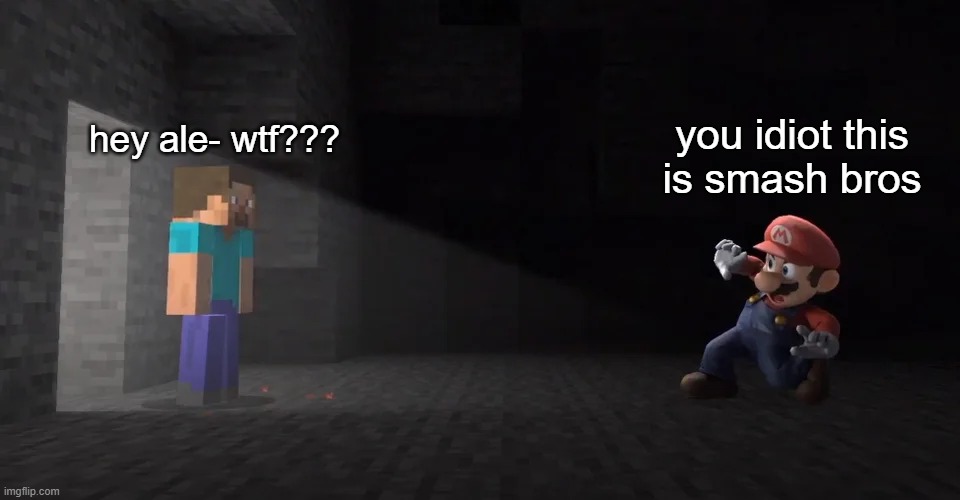 smash bros | hey ale- wtf??? you idiot this is smash bros | image tagged in steve and mario | made w/ Imgflip meme maker