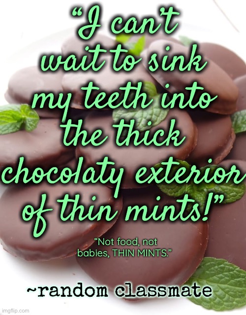 Thin mints |  “I can’t wait to sink my teeth into the thick chocolaty exterior of thin mints!”; “Not food, not babies, THIN MINTS.”; ~random classmate | image tagged in thin mints,chocolate,classmate,funny,girl scout cookies,babies | made w/ Imgflip meme maker