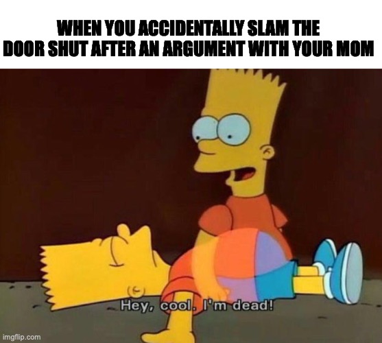 *sighs* | WHEN YOU ACCIDENTALLY SLAM THE DOOR SHUT AFTER AN ARGUMENT WITH YOUR MOM | image tagged in hey cool i'm dead | made w/ Imgflip meme maker