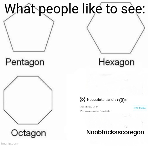 Yes | What people like to see:; (0); Noobtricksscoregon | image tagged in memes,pentagon hexagon octagon,imgflip,haters gonna hate,yes,funny | made w/ Imgflip meme maker