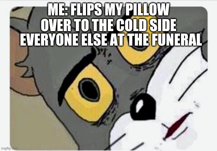 Disturbed Tom | ME: FLIPS MY PILLOW OVER TO THE COLD SIDE; EVERYONE ELSE AT THE FUNERAL | image tagged in disturbed tom | made w/ Imgflip meme maker